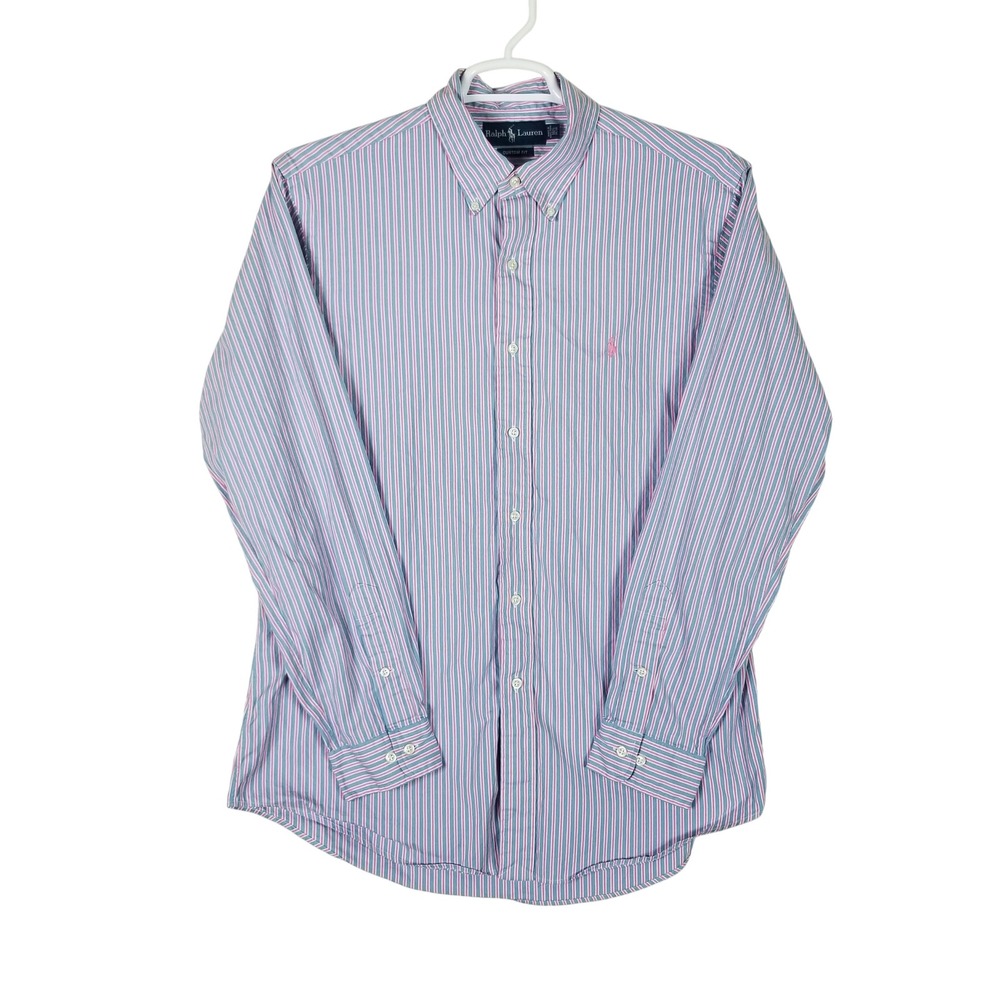Ralph Lauren Button Down Women 16.5 Blue Pink Striped Custom Fit Long Sleeve